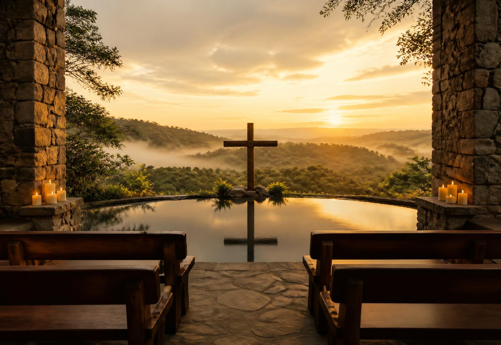 Quiet stone reflection terrace overlooking the rainforest at sunset